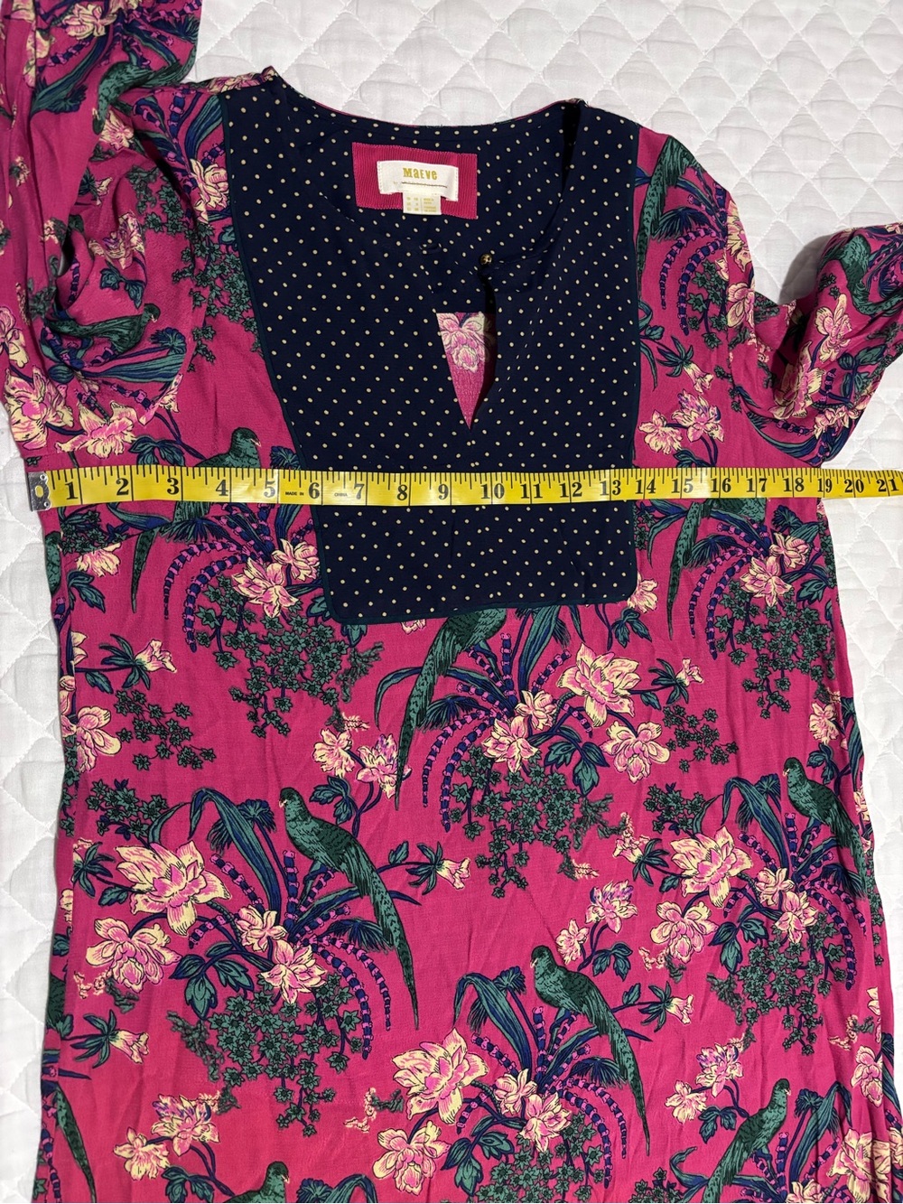 Anthropologie Maeve Fuchsia Floral Mini Dress with Navy Polka-Dot Bib Size 6 - Picture 5 of 10